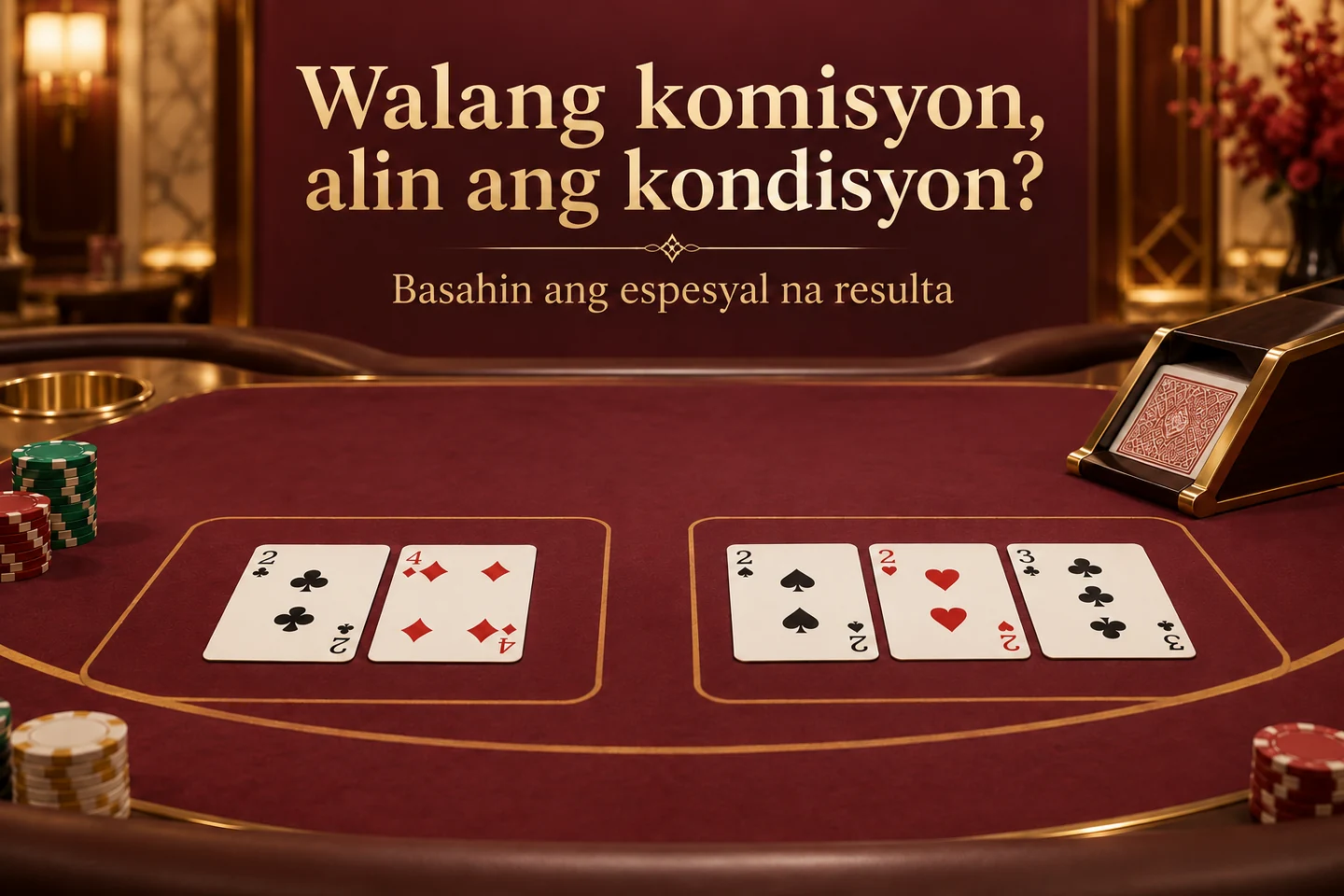 Baccarat cards, card shoes and chips on the burgundy table; question about the no commission condition.