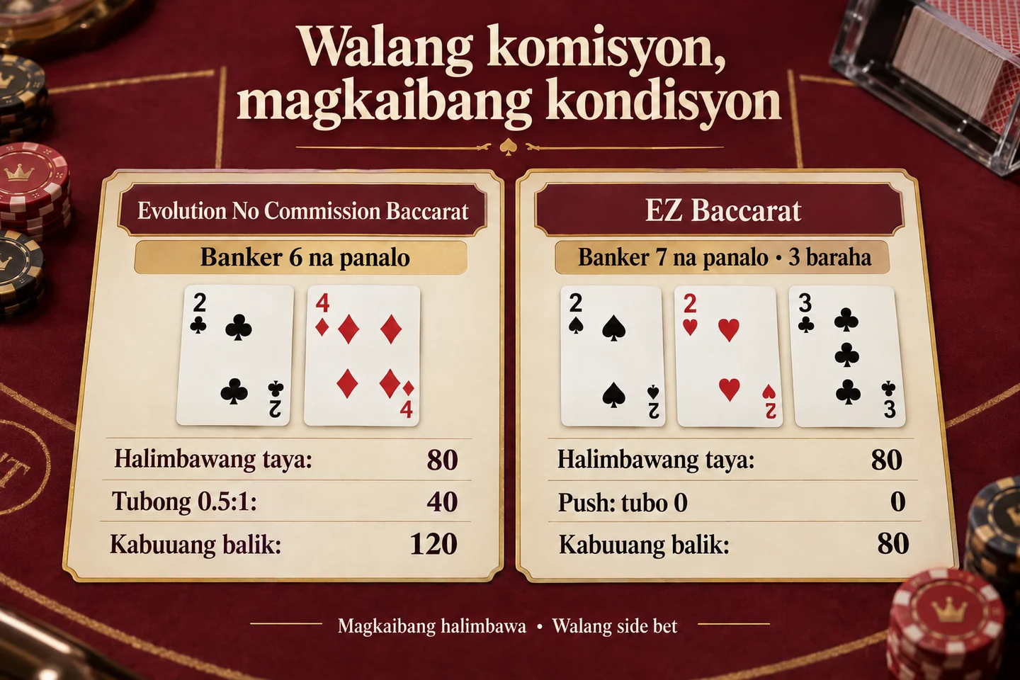 Two different baccarat examples at 80-unit stake: 0.5:1 gives 40 profit and 120 return; push gives 0 profit and 80 return.
