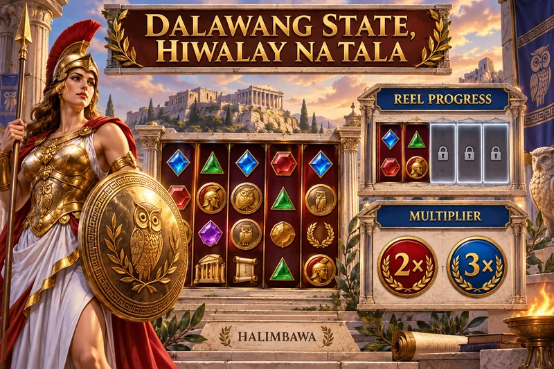 Original slot concept: Wisdom of Athena. Unlocked-reel progress and multiplier retention: two states. Not actual provider screenshot.