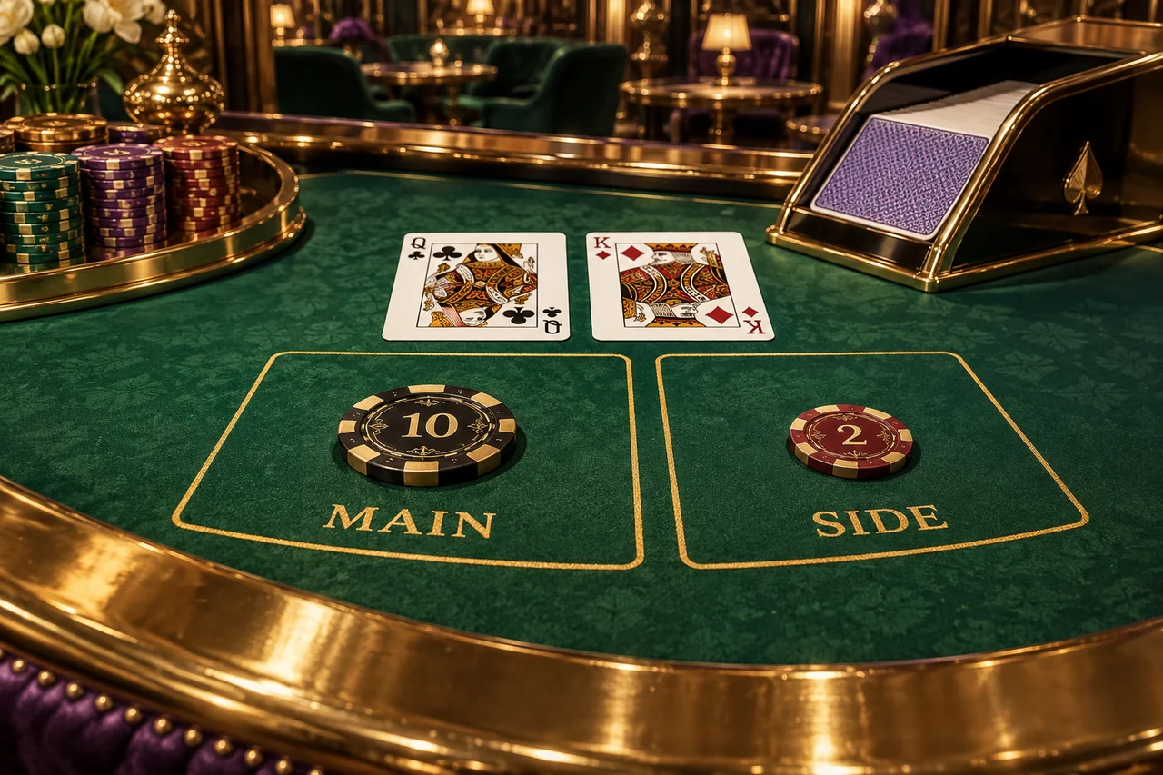Emerald baccarat table with separate main and side areas containing chips marked 10 and 2.