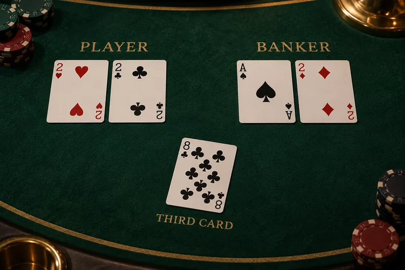 Player two and two, Banker Ace and two, with an eight separated as the Player’s third card.