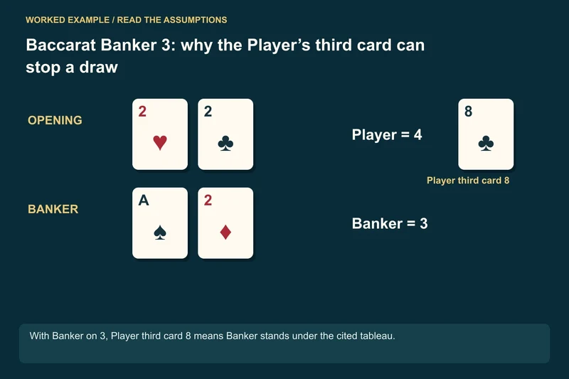 Opening hands: Player 2 + 2 = 4; Banker A + 2 = 3; Player draws 8: Player finishes on 2; Banker stands; Player draws 7 instead: Player finishes on 1; Banker draws