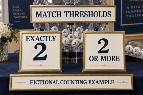 Physical lottery drum beside two teaching plaques labelled EXACTLY 2 and 2 OR MORE