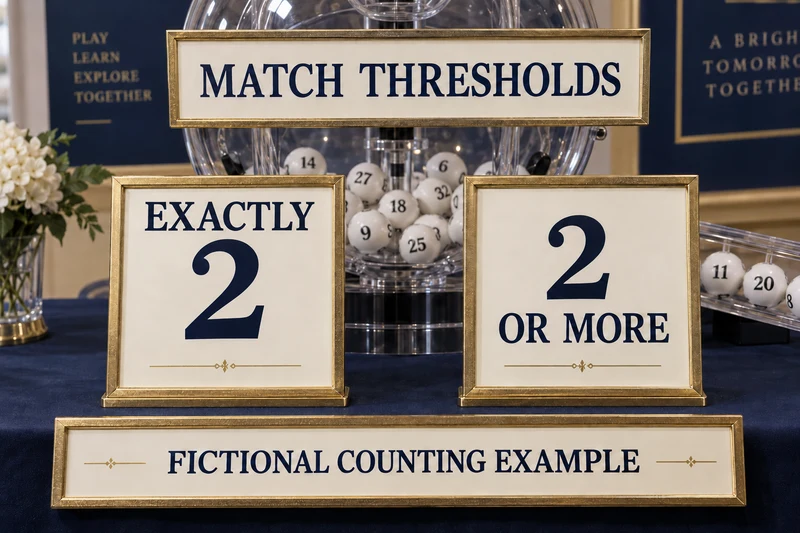 Physical lottery drum beside two teaching plaques labelled EXACTLY 2 and 2 OR MORE