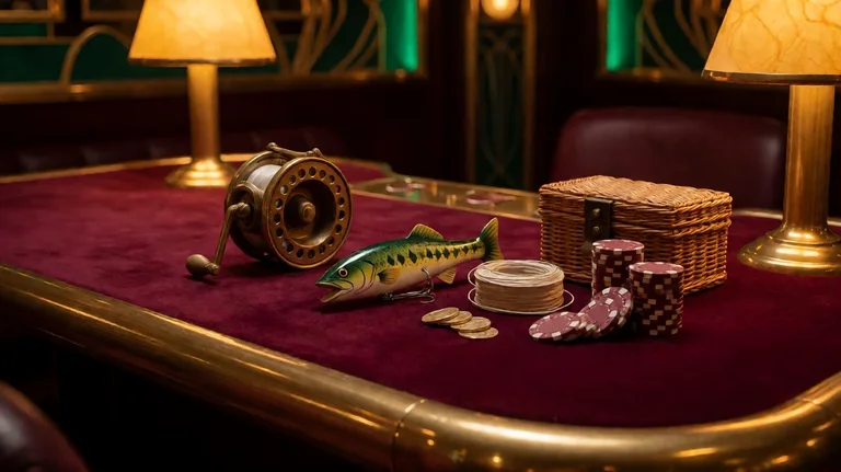 Brass fishing reel, bass-shaped wooden lure, tackle box, gold coins and casino chips on a burgundy velvet table
