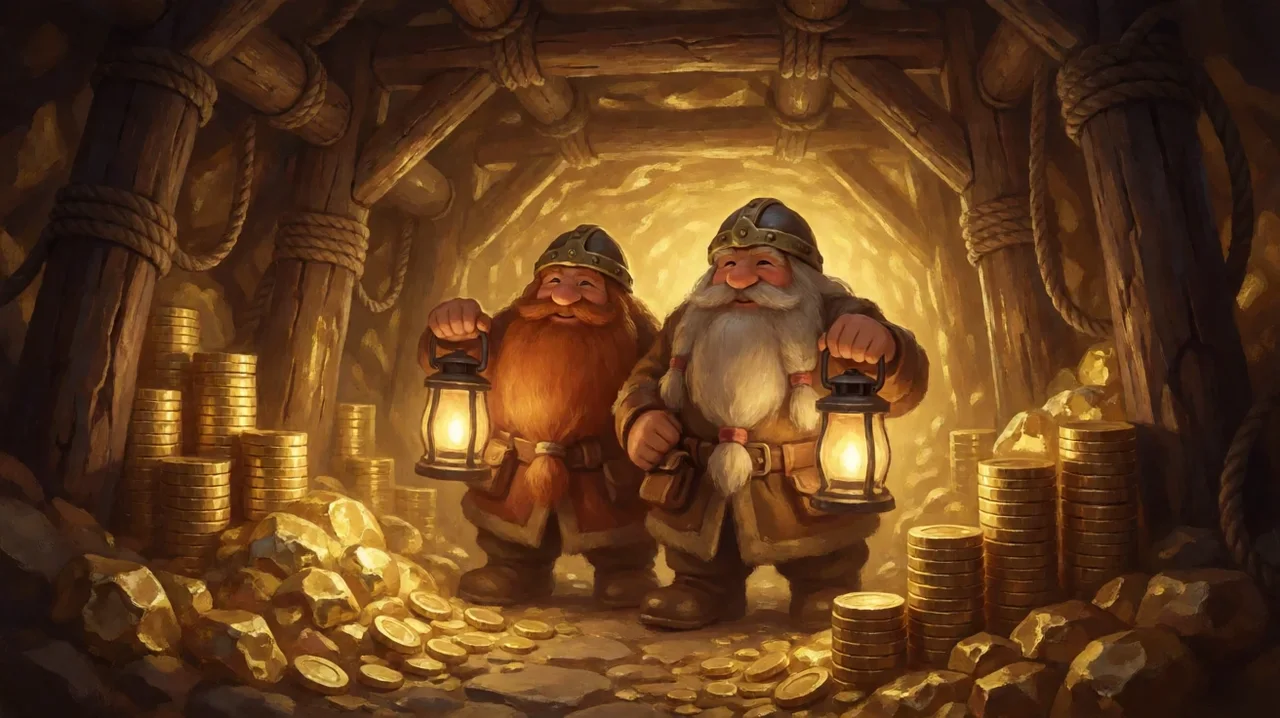 Two bearded dwarves in helmets holding glowing lanterns in a timber-braced gold mine, with stacks of gold coins and nuggets around them