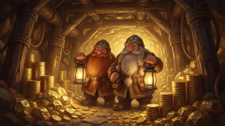 Two bearded dwarves in helmets holding glowing lanterns in a timber-braced gold mine, with stacks of gold coins and nuggets around them