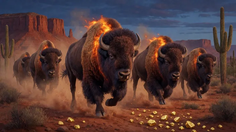 A herd of bison with glowing fiery manes charging through dust across a desert plain at dusk, with red mesas, cacti and gold nuggets on the ground