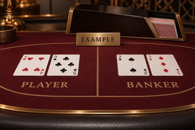Illustrated baccarat table with Player four and five, Banker two and three, and an Example card.