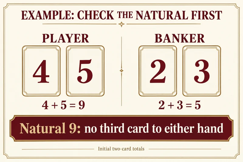 Example: Player 4 plus 5 makes a natural 9; Banker 2 plus 3 stays at 5 without a third card.